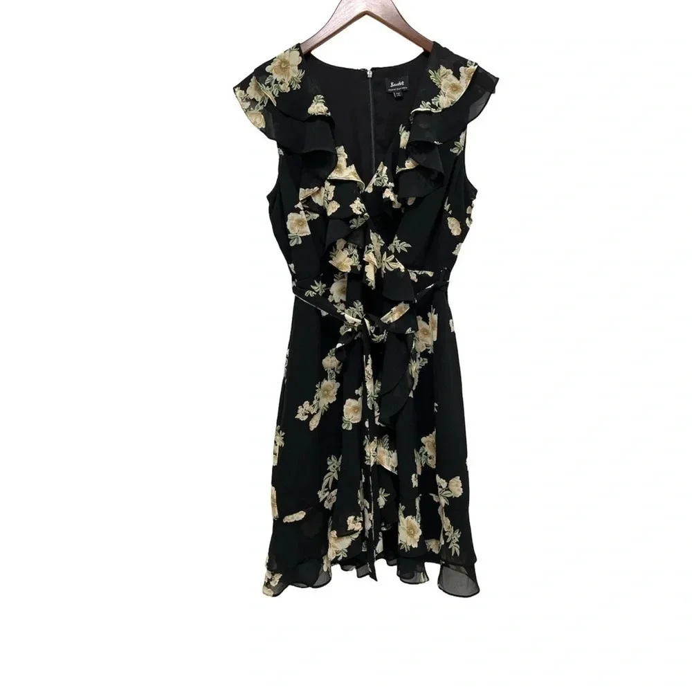Bardot Floral Print Ruffled Faux-Wrap Cap Sleeve Dress Dark Romantic Size 6 - Picture 4 of 9